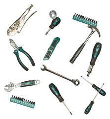 arrangement of black and silver hand tools on a dark surface