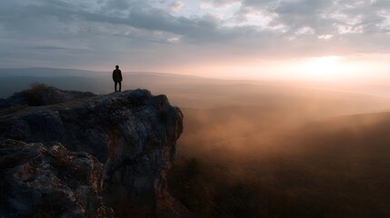 A lone figure stands on a rocky cliff edge gazing at a vast mist filled valley during a golden hour sunset