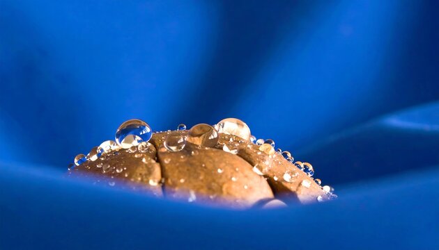 Dewdrops cling to smooth stones resting on a vibrant blue surface