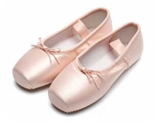 Obraz premium Pair of pale pink satin ballet slippers with tied ribbons, displayed on a white background