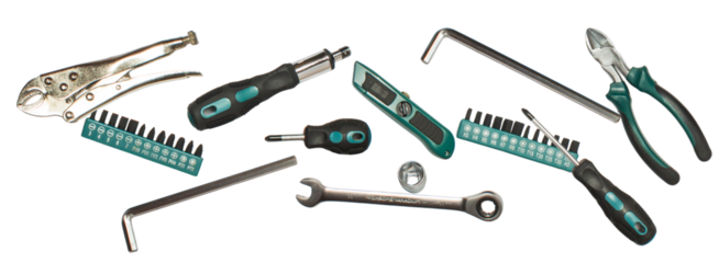 variety of silver and green hand tools for home improvement and repair on black