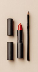 Closed and open dark lipstick case, red lipstick, black eyeliner pencil