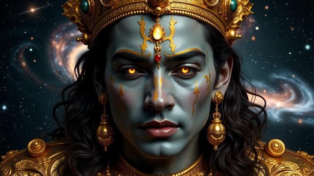 Experience the cosmic energy of Lord Indra, Hindu deity, in a stunning 4K video celebrating Indian culture and mythology on a celestial background