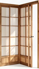 Corner shoji-style sliding doors, light wood frame, translucent paper panels, one door ajar, revealing a room