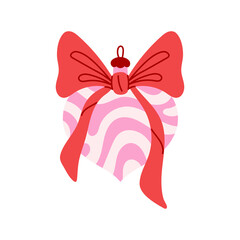 Heart shaped Christmas Ornament with Bow. Romantic Pastel Pink Xmas Decoration Element tied with wavy ribbon. Smooth Flat vector illustration. Vintage Coquette aesthetic.