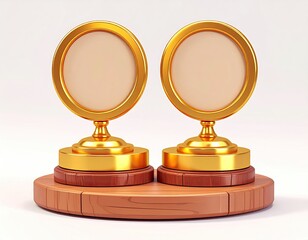 Two golden circular awards on a wooden base, blank creamy-beige centers, suggesting achievement or recognition