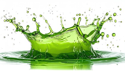 Vibrant green liquid creates a dynamic crown splash against a stark white background, showcasing glistening droplets and ripples