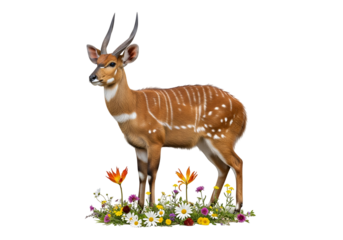 A brown and white antelope stands majestically amongst a vibrant display of colorful flowers against a dark background.