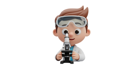Young cartoon scientist looking through microscope, ready for discovery, showcasing science education and medical research, perfect for kids science projects and learning