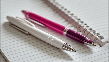 Two pens, pink and white, on lined notebook paper