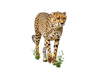 A cheetah stands amidst small wildflowers against a striking black background.
