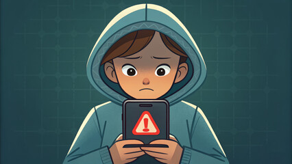 Protection rights for user concern with mobile alert showing warning sign on phone screen in digital security concept