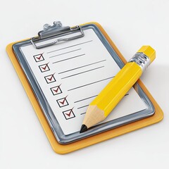 Clipboard with checklist and pencil.  A close-up of a clipboard with a checklist, and a yellow pencil lying on top.  The clipboard is orange, with a metallic silver frame. 