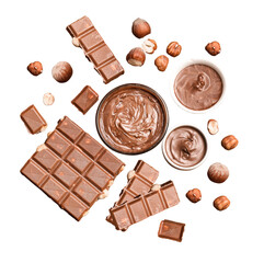 chocolate hazelnut spread with ingredients on dark background