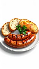 Grilled sausages, sliced bread, and parsley garnish on a white plate