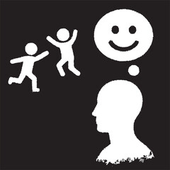 Creative abstract illustration showing human head silhouette with thought of happy children and smile symbol on black background perfect for happiness family joy childhood and life themes