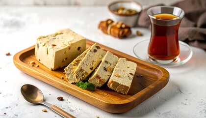 Sweet, sliced dessert on wooden platter with tea