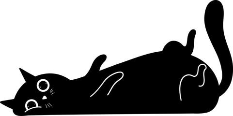 Black cat lying on its back with white details