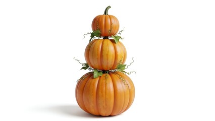 Elegant autumn pumpkin topiary, artfully stacked in three graduated layers, creating a vibrant harvest decoration isolated on a clean white background, ideal for seasonal themes and festive displays
