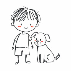 Cartoon doodle vector boy with dog, warmth and trust for family or mental health topics