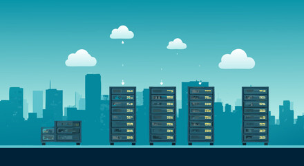 Obraz premium Cloud-Based Data Center: An illustration of data servers seamlessly connected with clouds, a symbol of interconnectedness and technological advancement.