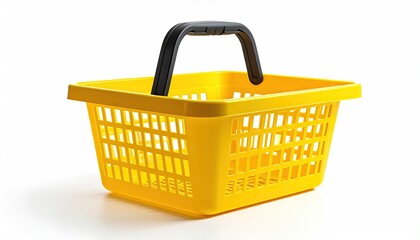 Fototapeta premium A small, bright yellow plastic shopping basket with a black handle sits on a white background