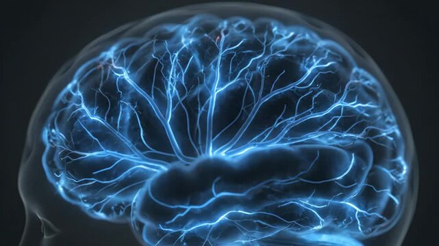 Abstract representation of the human brain with glowing blue neural network pathways on a dark background, symbolizing intelligence and cognition