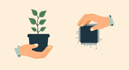Hands nurturing growth and technology: A split image showing one hand holding a potted plant with green leaves and another hand holding a computer microchip.