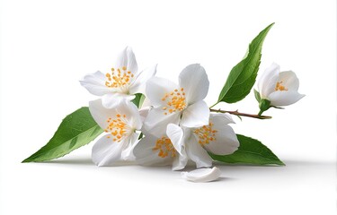Fototapeta premium A sprig of jasmine blossoms, vibrant white petals, lush green leaves, against a white background