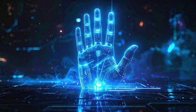 Futuristic Blue Neon Hand Hologram Over Cyber Circuit Board with Cinematic Glow Light Streaks in a Dark Background and Complex Data Network