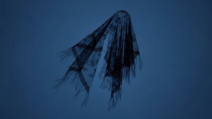 Ethereal mourning veil with torn fringe floats in isolation, a spectral image on a blank blue background