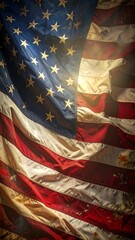 American flag, sunlit, aged