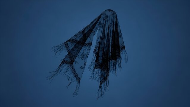 Ethereal mourning veil with torn fringe floats in isolation, a spectral image on a blank blue background