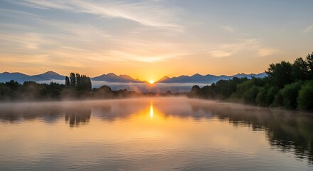 Obraz premium A serene sunrise paints the tranquil river valley with warm golden hues, reflecting in the calm water.