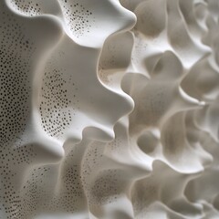 A closeup of a white textured surface with small holes, showcasing an intricate and organic design element