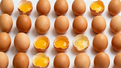 A grid of brown eggs, some whole and others cracked open to reveal bright yellow yolks, arranged in a neat pattern.
