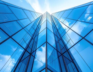 Vertically-angled view showcases a tall, modern glass skyscraper mirroring the blue sky and white clouds, emphasizing upward motion