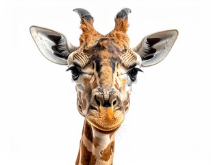 Giraffe headshot against a pure white backdrop. The mammal's skin is patterned in tan and black. Its small horns point up. Eyes are soulful