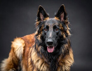 A shepherd dog,  rich reddish-brown and black fur,  looks directly at viewer,  dark background