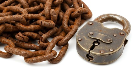An aged, cracked padlock and a heavy, rusted chain pile isolated on a white background, a metaphor for escaped bondage or failure