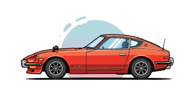 Flat vector illustration of Nissan Fairlady Z classic sports car (Datsun 240Z), side profile, bright orange-red body with chrome bumpers and round headlights