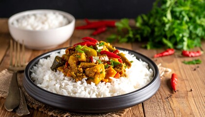 Spicy curry with rice on a dark plate