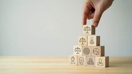 Hand placing a wooden block with a balance scale on top of a pyramid