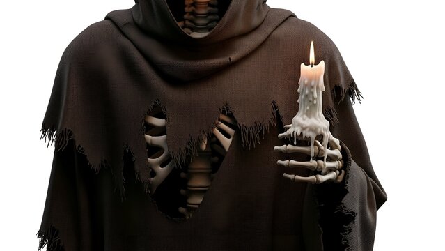 Eerie skeleton torso in a tattered black robe holding a flickering candle, isolated on a stark clear white background, perfect for Halloween or gothic themes