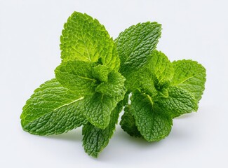 Close-up of fresh mint leaves. Lush green leaves clustered together, vibrant color, detailed texture,  isolated against a bright white background