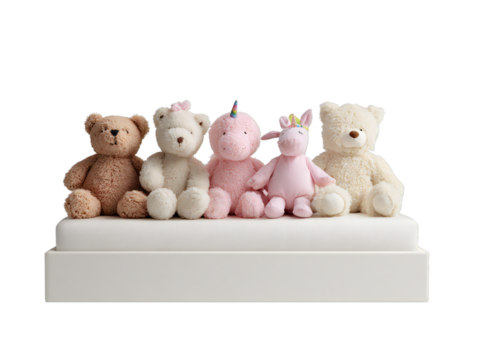 Group of teddy bears and unicorn plush toys sitting on white cushion, cute stuffed animals for children isolated on white background