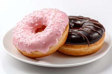 Two glazed donuts, one pink with sprinkles, the other dark chocolate, sit on a white plate against a white background
