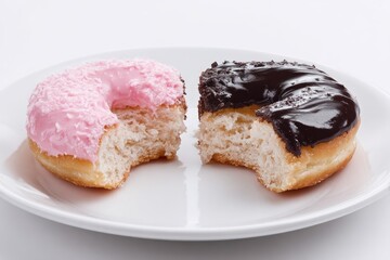 Two glazed donuts, one pink, one chocolate, on a white plate, with a bite taken out of each