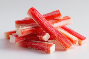 Stacked, vibrant red and white vegetable sticks on a white surface