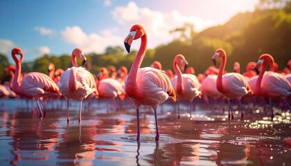 Flock of Pink Flamingos Standing in Shallow Water Under Bright Sunlight With Lush Green Trees in Background